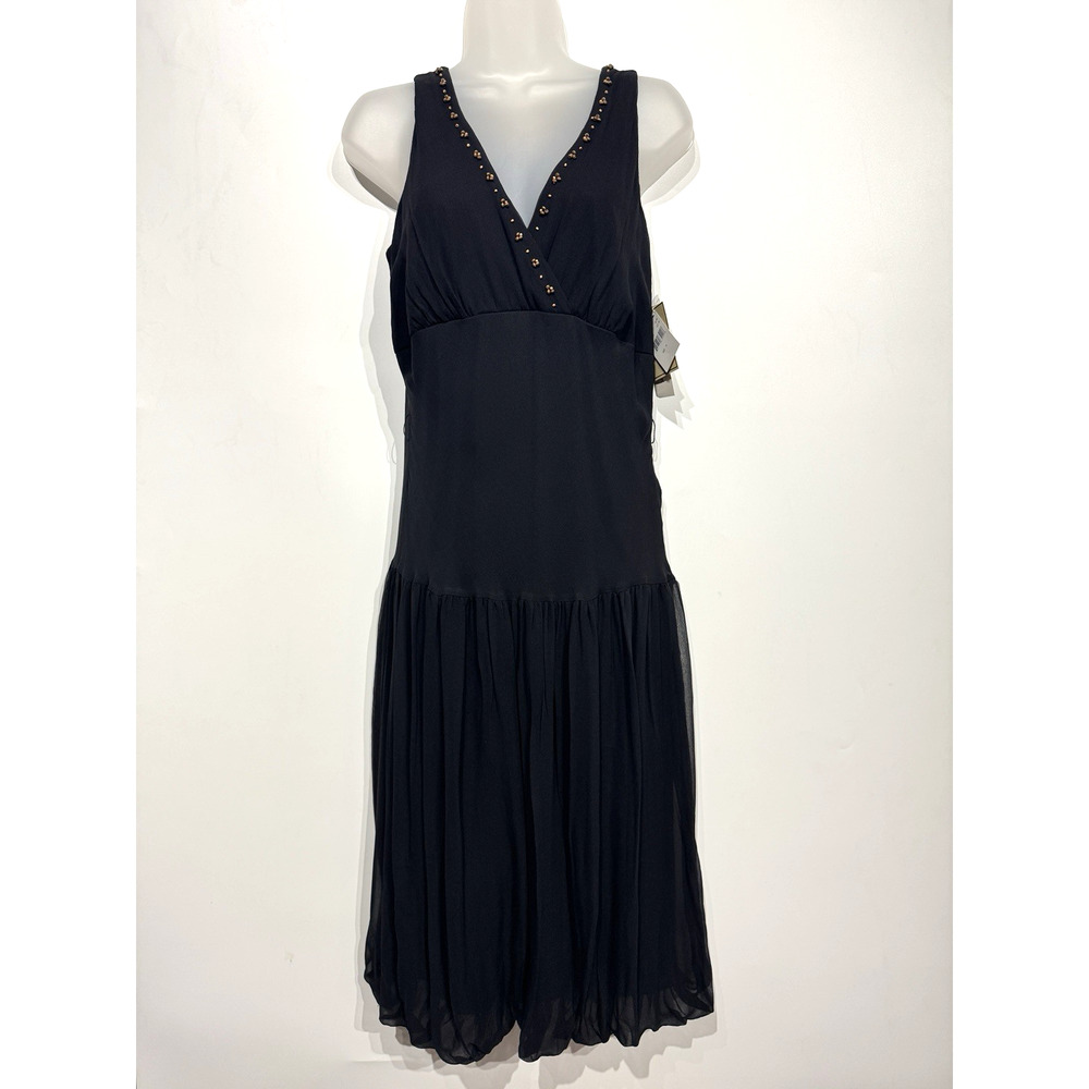 VTG Jonathan Martin Silk Drop Waist Midi Dress Sz 10 Black Beaded Witchy Fairy
